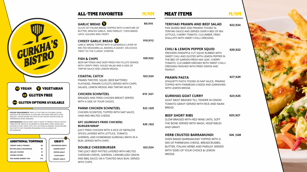 Gurkha's Bistro menu — all-time favourites and meat items, with member and non-member pricing.