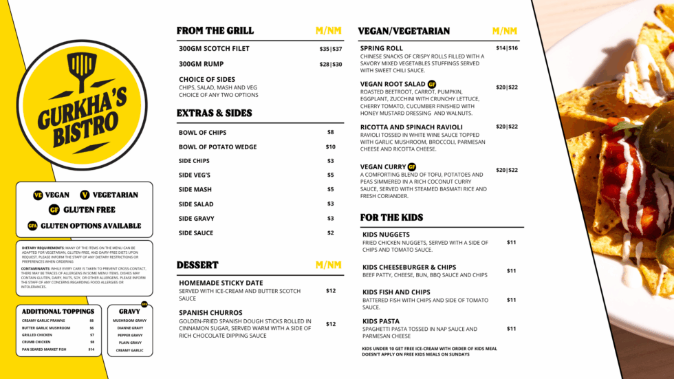 Gurkha's Bistro menu — from the grill, extras and sides, dessert, vegan and vegetarian, and kids meals.