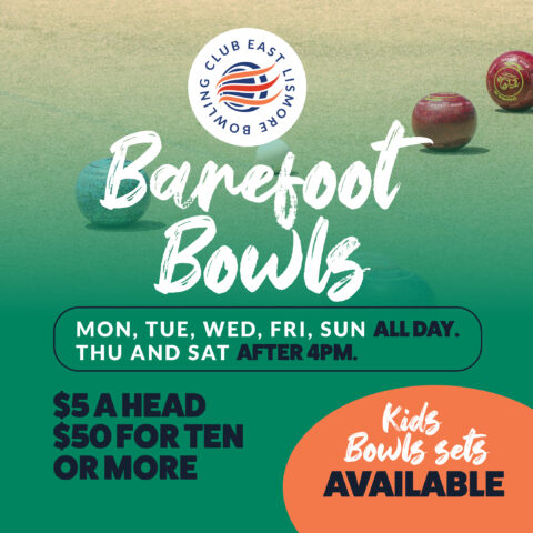 Barefoot bowls — Mon, Tue, Wed, Fri & Sun all day; Thu & Sat after 4pm. $5 a head, $50 for ten or more. Kids' bowls sets available.